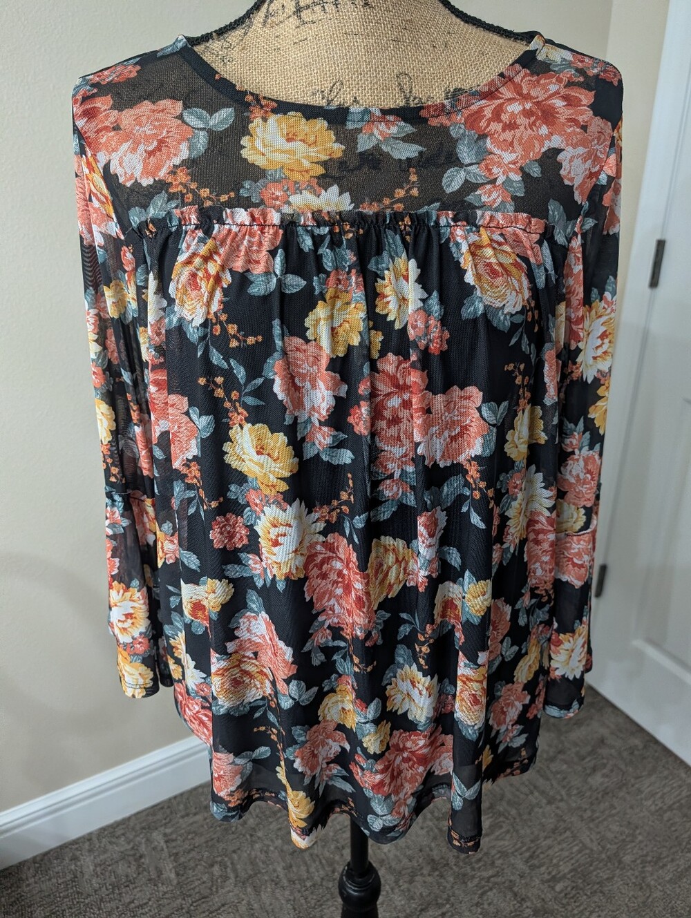 Bobbie Brooks Black Floral Long-Sleeve Tunic - Yellow & Coral